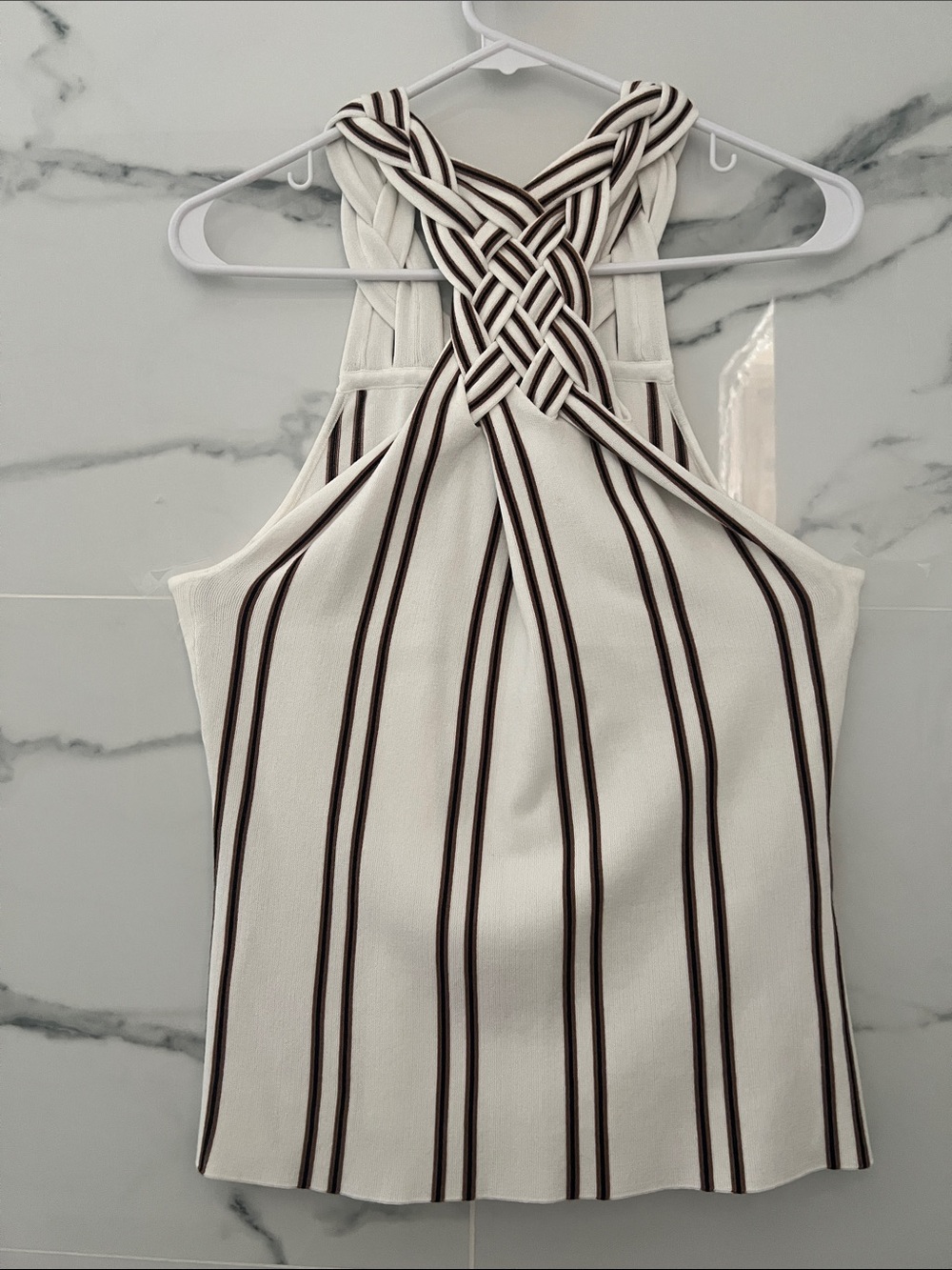 White House Black Market Cream One-Shoulder Top with Braided Straps